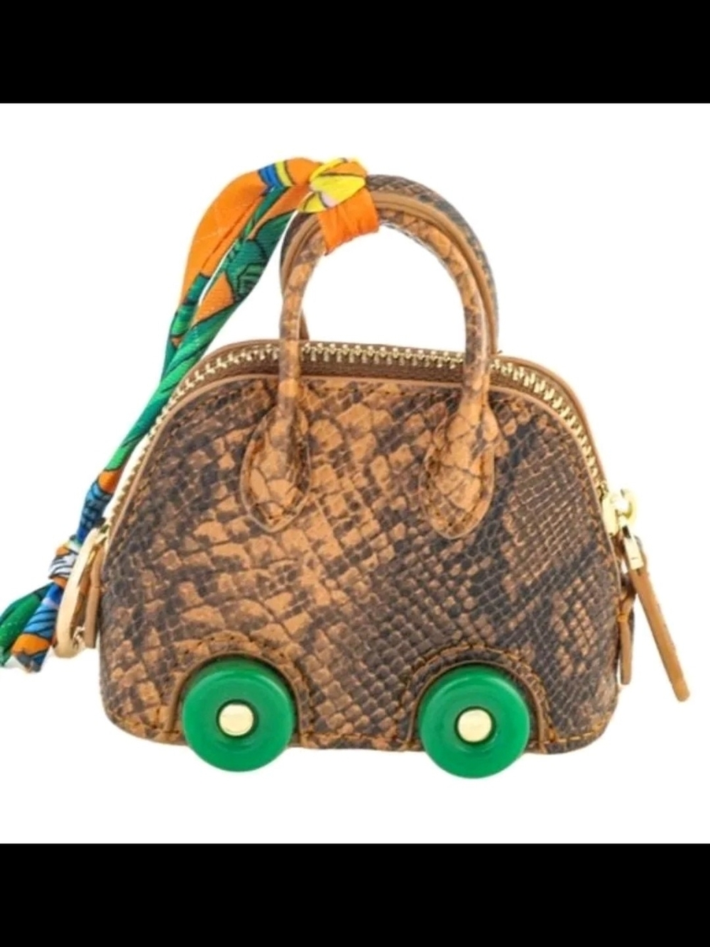 Brown Snake-Texture Mini Satchel with Green Accent Wheels